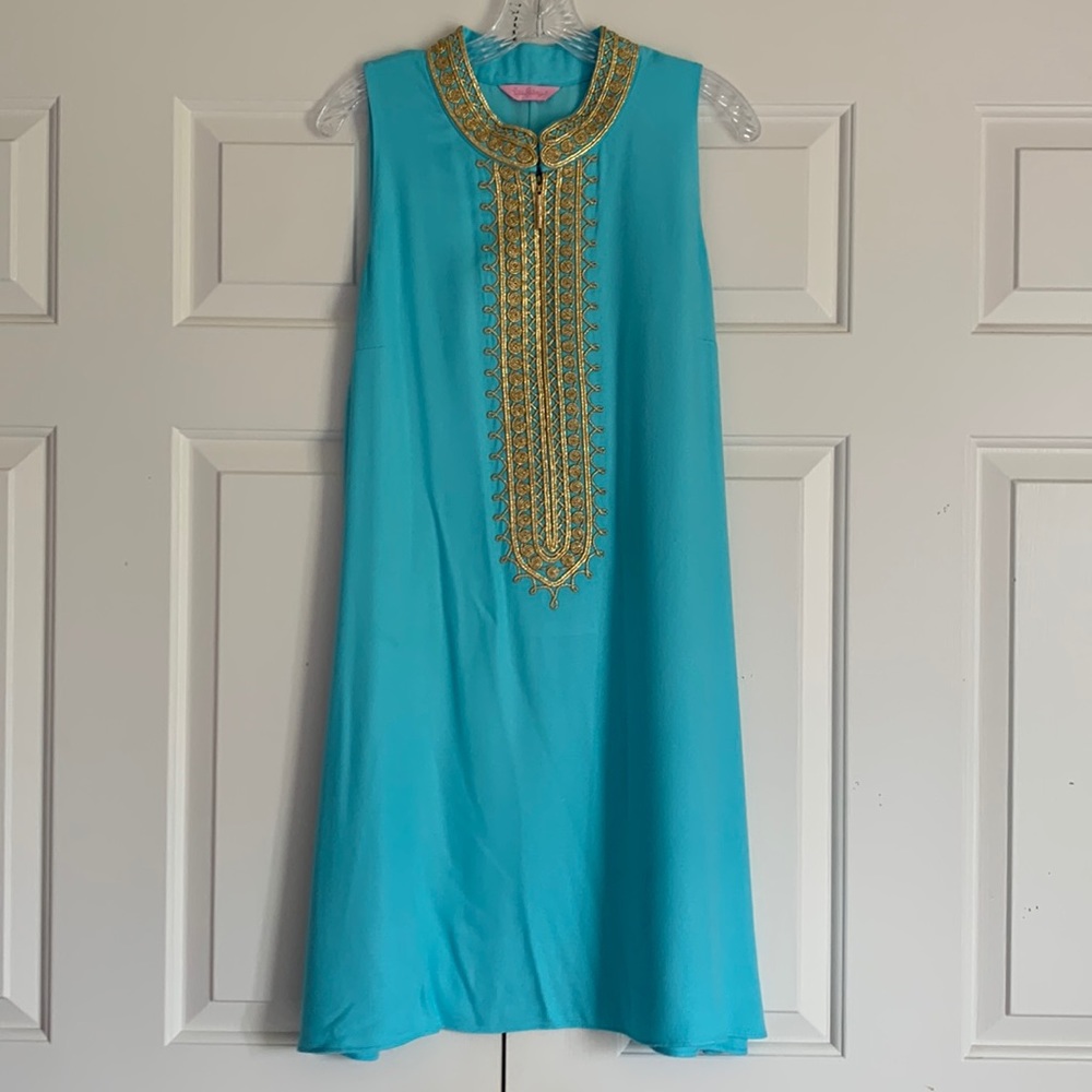 Lilly Pulitzer Aqua Dress with Gold Embroidery